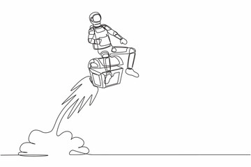 Single one line drawing young astronaut riding treasure chest rocket flying in moon surface. Precious treasure hunting in cosmic galaxy space. Continuous line draw design graphic vector illustration