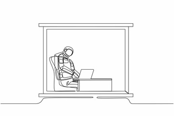 Single one line drawing young astronaut sitting and working at desk and using laptop near window in moon surface. Cosmic galaxy space concept. Modern continuous line design graphic vector illustration