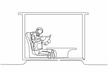 Continuous one line drawing astronaut sitting in chair and reading book in moon surface. Sitting in armchair near window in living room. Cosmonaut outer space. Single line design vector illustration