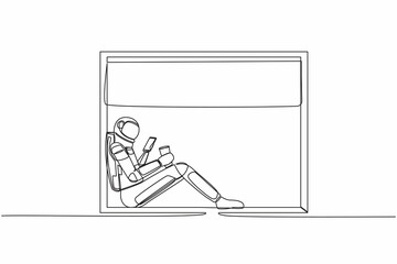 Continuous one line drawing astronaut sitting on windowsill with smartphone coffee in moon surface. Comfortable relax time with hot drink. Cosmonaut outer space. Single line design vector illustration