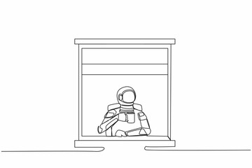 Single continuous line drawing young astronaut enjoy hot coffee or tea in window house, holding mug, looking through window in moon surface. Cosmonaut deep space. One line design vector illustration