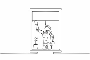 Single one line drawing young astronaut waving at window as look like to greet or invite friends to come in. Cosmic galaxy space concept. Modern continuous line draw design graphic vector illustration