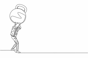 Single one line drawing of young astronaut carrying heavy kettlebell on his back. Financial crisis and credit payment in space company. Cosmic galaxy space. Continuous line design vector illustration