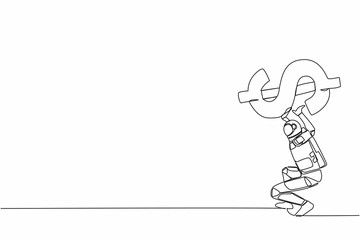 Single continuous line drawing astronaut carrying heavy dollar symbol on his back. Overworked and debt pressure in space company. Cosmonaut deep space. One line draw design vector graphic illustration