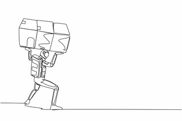 Single continuous line drawing of astronaut carrying heavy pile of box on his back. Frustration spaceman with stack of cardboard. Cosmonaut deep space. One line draw design vector graphic illustration