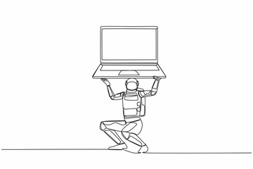 Single continuous line drawing astronaut carrying heavy laptop computer on his back. Fatigue or burnout work at space industry. Cosmonaut deep space. One line draw design vector graphic illustration