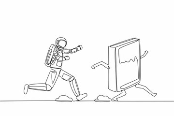 Single one line drawing of young astronaut run chasing textbook for learning in moon surface. Science to explore space. Cosmic galaxy space concept. Continuous line graphic design vector illustration