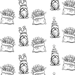 Set Of Merry Christmas With Cute Gnomes Santa Claus Banner Design. Cute Cartoon Illustration. Pattern for textile, paper
