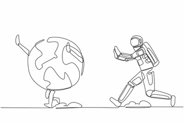Continuous one line drawing young astronaut run chasing globe in moon surface. Space trip and travel around planet in outer galaxy. Cosmonaut outer space. Single line draw design vector illustration