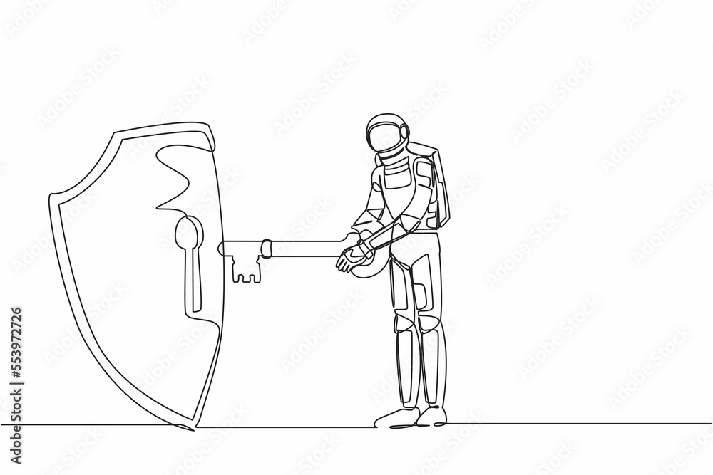 Poster single continuous line drawing of young astronaut put key into shield. internet security and data pr