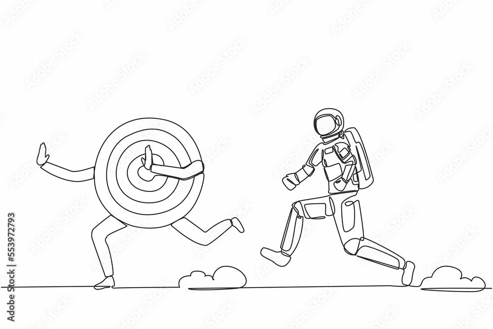 Poster single continuous line drawing astronaut run chase dartboard target in moon surface. accuracy, preci