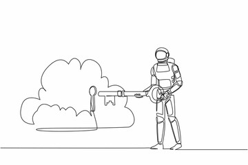 Single one line drawing astronaut putting big key into cloud. Safety storage in spaceship data, password lock security authentication. Cosmic galaxy space. Continuous line design vector illustration
