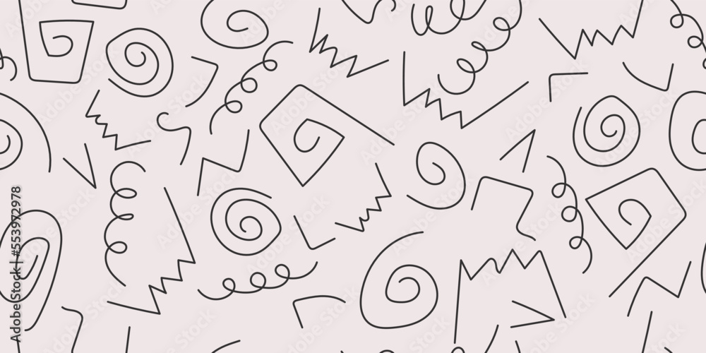 Poster hand-drawn squiggles. curls and spirals on a seamless canvas. seamless printing on surfaces, packagi