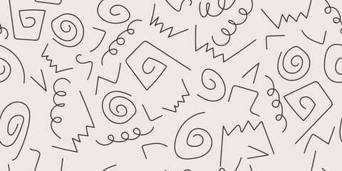 Hand-drawn squiggles. Curls and spirals on a seamless canvas. Seamless printing on surfaces, packaging, pillows, textiles. Vector.