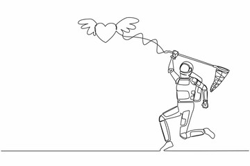 Single continuous line drawing young astronaut try to catching flying heart with butterfly net. Love relationship with space expedition. Cosmonaut deep space. One line draw design vector illustration