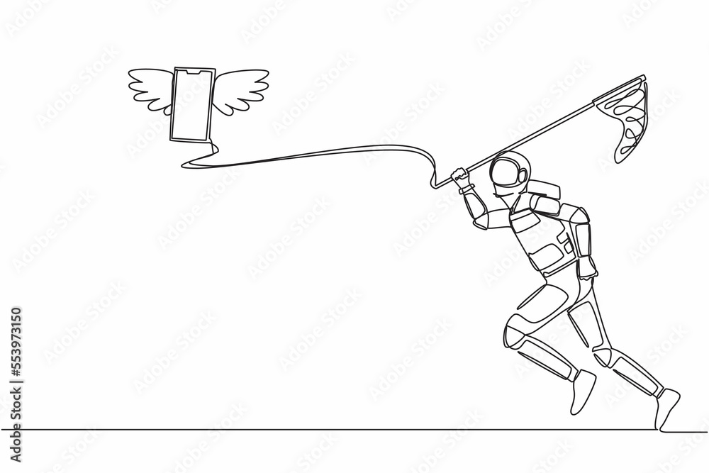 Poster continuous one line drawing young astronaut try to catch flying smartphone with butterfly net. commu