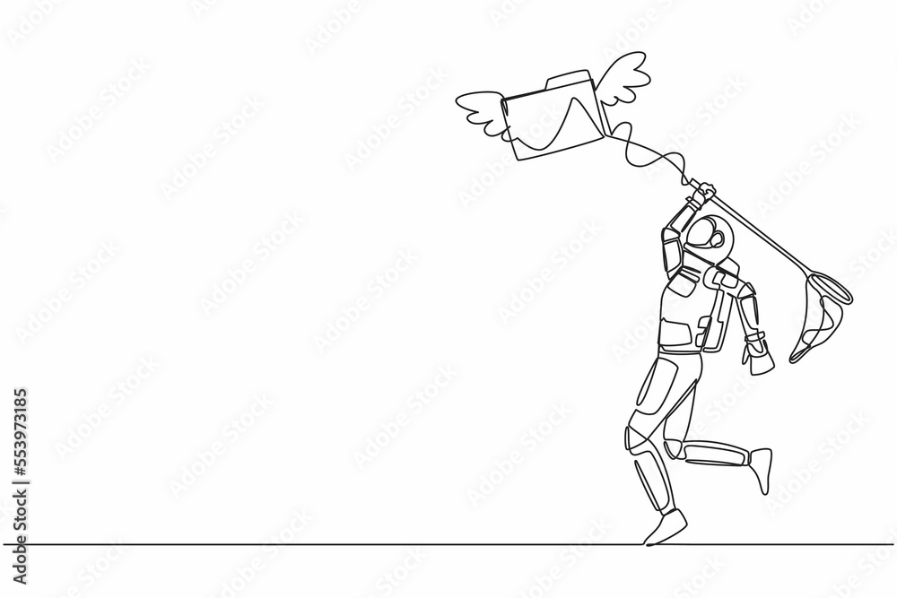 Poster continuous one line drawing astronaut try to catch flying folder icon with butterfly net. analysis s