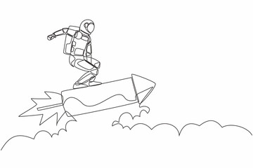 Single continuous line drawing young astronaut standing astride rocket and flying through the air. Future space industry. Cosmonaut deep space concept. One line draw design vector graphic illustration