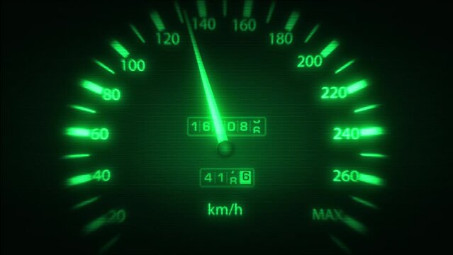 Car Speedometer Acceleration With Speed Fx/ 4k animation of a car or truck speedometer start-up background, with pointer indicator on full max speed position and wiggle effect simulating acceleration 