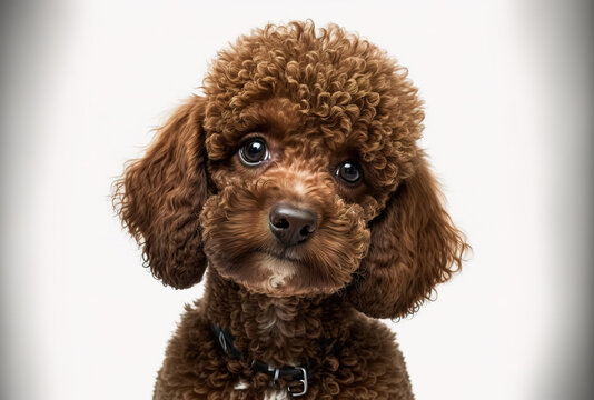 High angle portrait of a lovely brown poodle facing the camera on a white backdrop. Generative AI