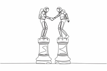 Single one line drawing of young astronaut leader shaking hand on rook chess. Collaboration strategy in spaceship industry. Cosmic galaxy space. Continuous line draw graphic design vector illustration