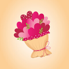 Bouquet hearts on beige background. Design for Valentines Day, Whomans Day, Mothers Day, Birthday.