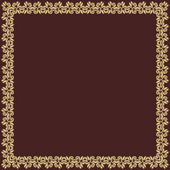 Classic vector vintage brown and golden square frame with arabesques and orient elements. Abstract ornament with place for text. Vintage pattern