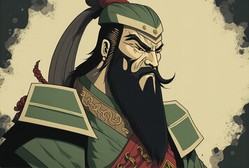 Cartoon representation of Chinese general Guan Yu. Generative AI - obrazy, fototapety, plakaty