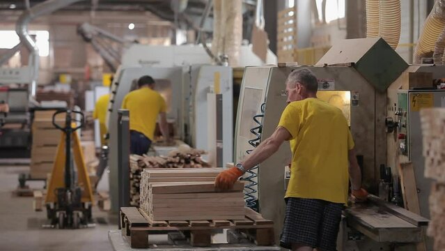 A worker loads wooden blocks into the machine for processing. Workflow at a furniture factory