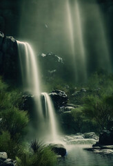 A lush jungle with a vibrant waterfall. Mist and dew drops. Fantasy forest. Garden of Eden.