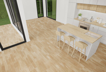 Kitchen cabinet wall and island on wood floor top view. 3d rendering of residential building interior.
