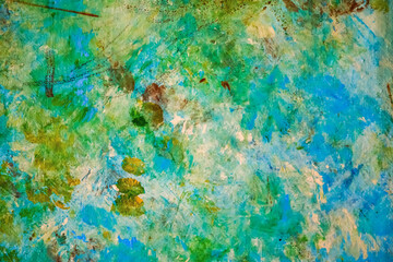 Fototapeta na wymiar Wallpaper of abstract oil paint textured on canvas, background by blue yellow green color. Aesthetic colorful texture of grunge wall. Strokes of colorful paints, close up, banner. Copy text space