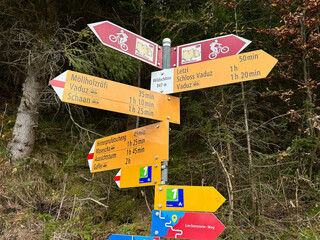 Hiking and Mountain Biking Trail Signs in the Eastern Alps in Liechtenstein