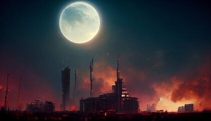 Illustration of a city in destruction. Post apocalyptic image. Cyberpunk concept.