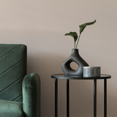 Decorative vase and box on black side table, close-up