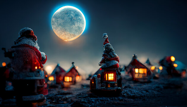 Illustration of santa claus village during christmas holidays. In the background is the moon in the dark blue sky.