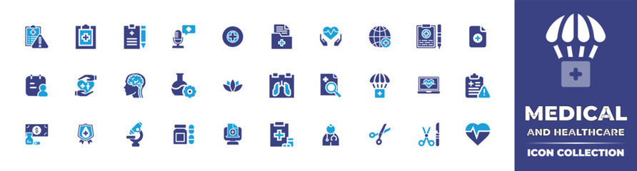 Medical and healthcare icon collection. Bold icon. Duotone color. Vector illustration. Containing unhealthy, diagnosis, clipboard, health, symbol, folder, heart rate, world, medical file, and more.
