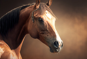 Close up of a lovely brown horse against a hazy background. Generative AI