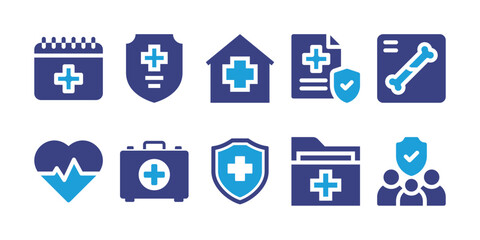 Medical and healthcare icon set. Bold icon. Duotone color. Vector illustration. Containing appointment, medical insurance, medical, health insurance, x ray, cardiogram, first aid kit, medical history.