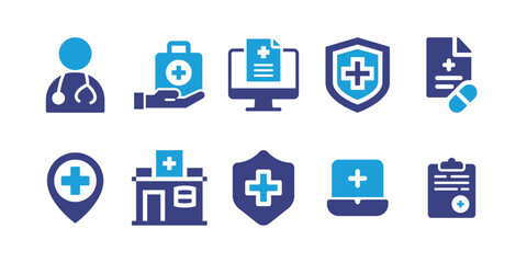 Fototapeta na wymiar Medical and healthcare icon set. Bold icon. Duotone color. Vector illustration. Containing doctor, medical, medical record, medical insurance, prescription, hospital, pharmacy, online assistance.