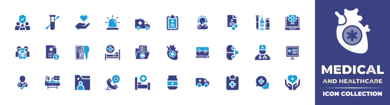 Medical and healthcare icon collection. Bold icon. Duotone color. Vector illustration. Containing family, swab, charity, emergency, ambulance, check up, medical service, prescription, and more.