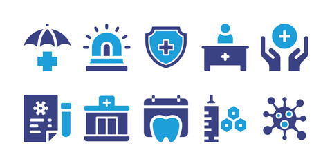 Fototapeta na wymiar Medical and healthcare icon set. Bold icon. Duotone color. Vector illustration. Containing medical insurance, siren, reception, medical, test results, clinic, medical appointment, nano drugs, virus,