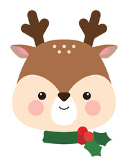 Cute rudolph reindeer illustration for christmas concept in winter december. The smiling Rudolph has a red nose and horns.