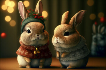 Little tiny bunnies dressed up as Santa claus on snowing Chriastmas festive background.generative ai.