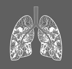 Illustration of respiratory organs, lungs. Lace flower pattern