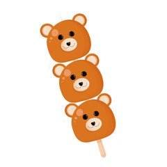Japanese sweet tasty street food dessert , dango in a cute bear form isolated on the white background. Vector illustration