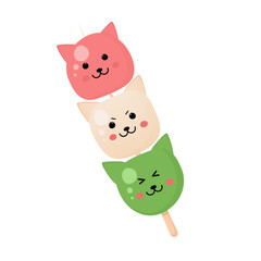 Japanese sweet street food, dango in a cute cat form isolated on the white background. Vector illustration	
