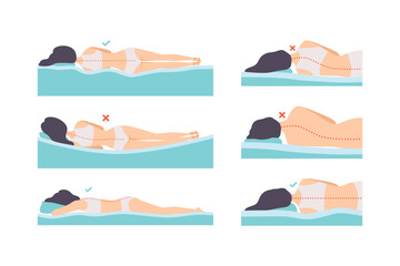 Man and Woman Lying in Correct and Incorrect Sleeping Pose for Neck and Spine Vector Set