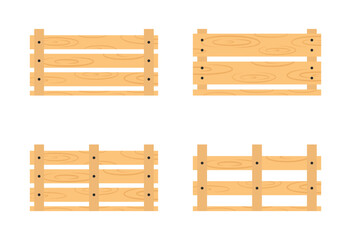 Different types of wooden boxes for fruits or vegetables transportation. Crates in flat style. Vector cargo storage illustration isolated on white background. 