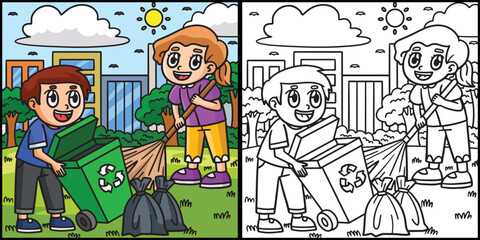 Earth Day Children Cleaning the Trash Illustration